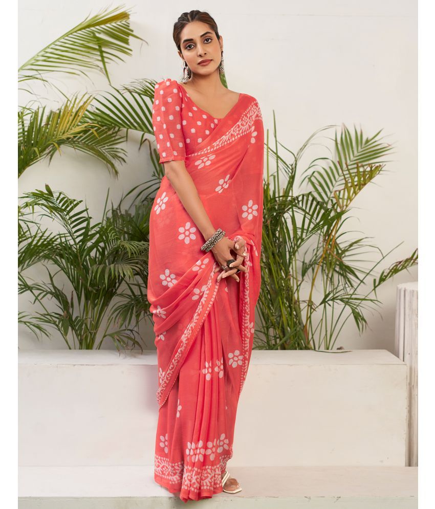     			Satrani Chiffon Printed Saree With Blouse Piece - Red ( Pack of 1 )