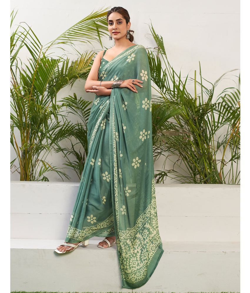     			Satrani Chiffon Printed Saree With Blouse Piece - Green ( Pack of 1 )