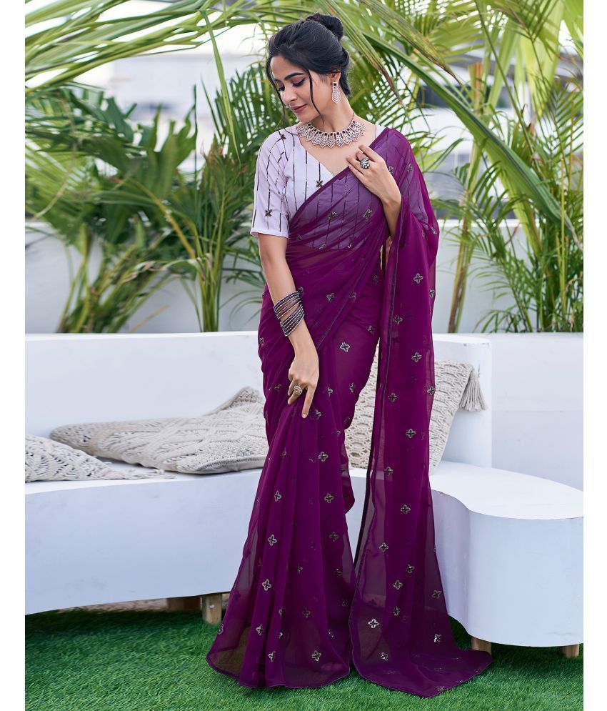     			Satrani Georgette Embellished Saree With Blouse Piece - Purple ( Pack of 1 )