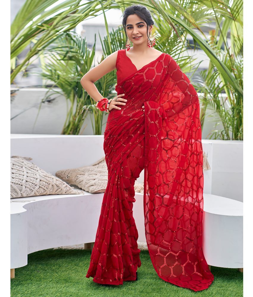     			Satrani Georgette Embellished Saree With Blouse Piece - Red ( Pack of 1 )