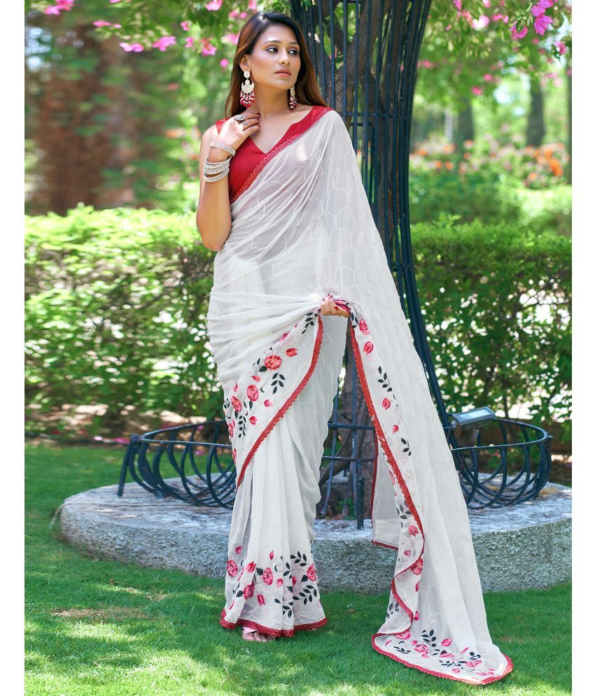     			Satrani Georgette Embroidered Saree With Blouse Piece - White ( Pack of 1 )