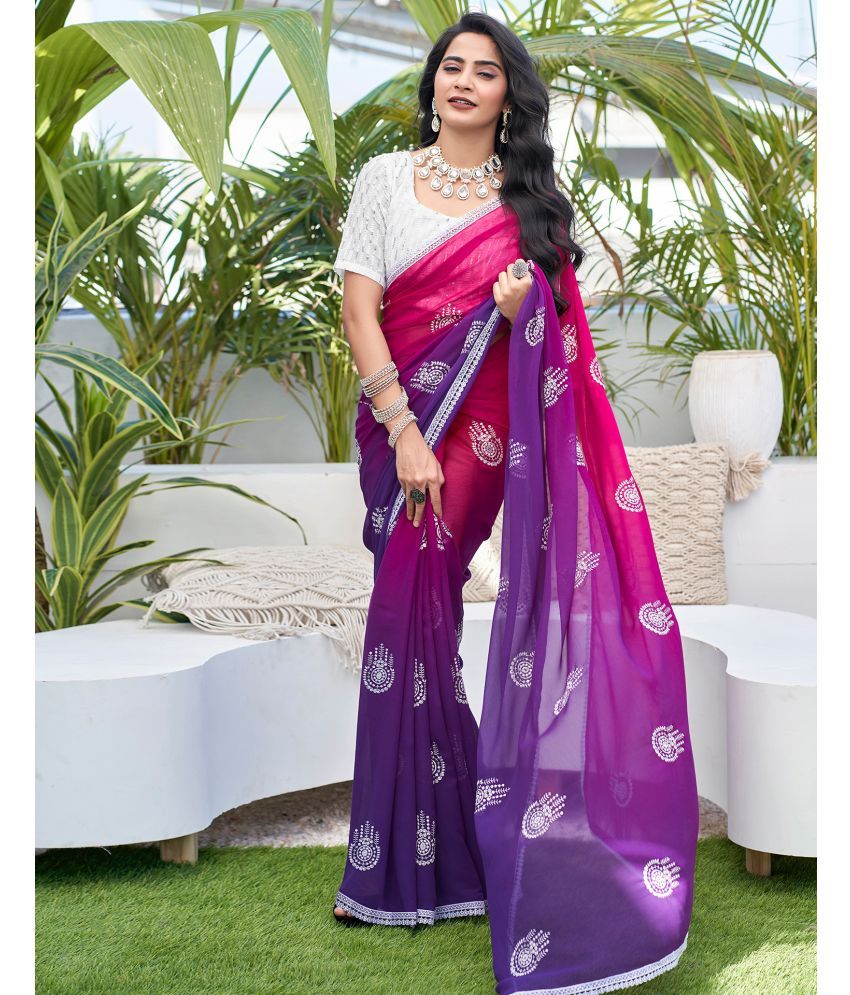     			Satrani Georgette Embroidered Saree With Blouse Piece - Purple ( Pack of 1 )