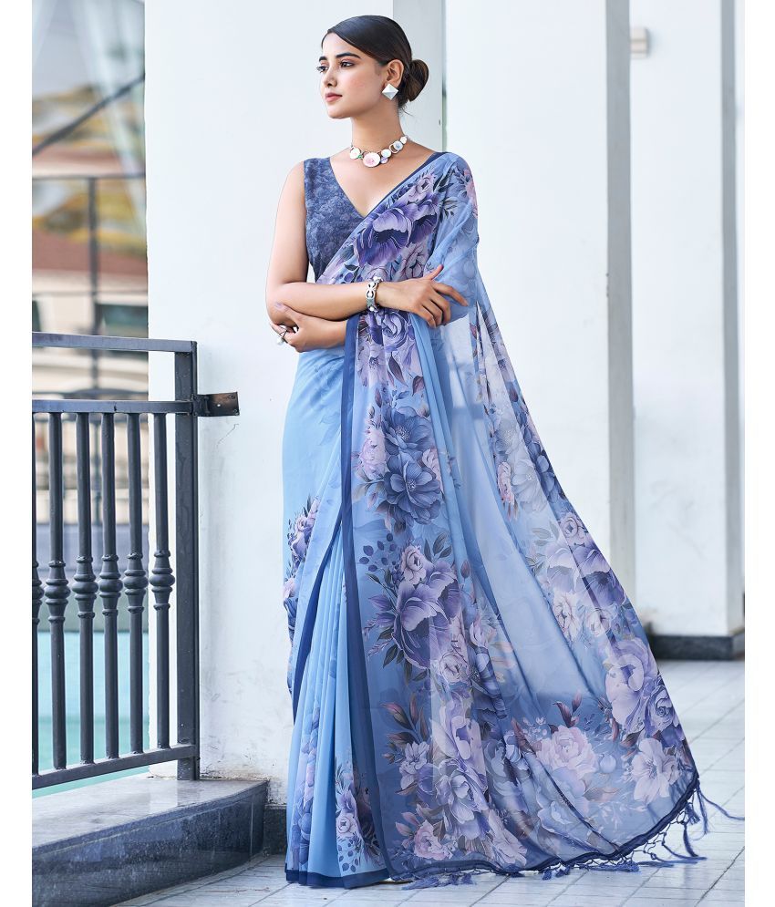     			Satrani Georgette Printed Saree With Blouse Piece - Blue ( Pack of 1 )