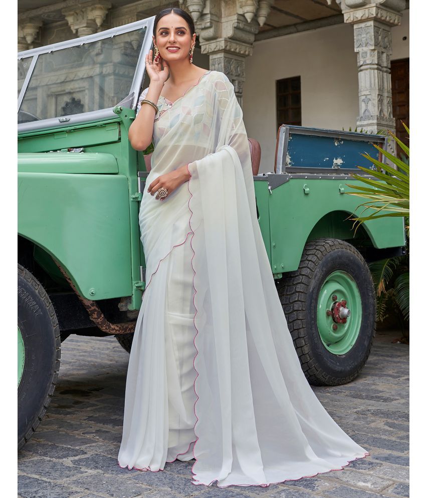     			Satrani Georgette Solid Saree With Blouse Piece - White ( Pack of 1 )