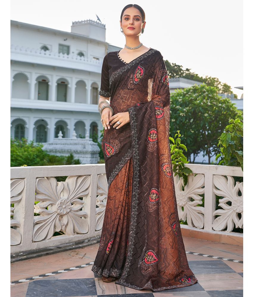     			Satrani Net Printed Saree With Blouse Piece - Brown ( Pack of 1 )