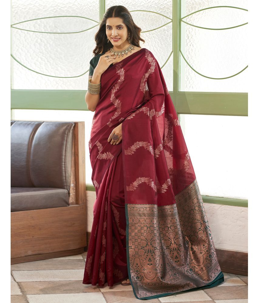     			Satrani Silk Blend Woven Saree With Blouse Piece - Maroon ( Pack of 1 )