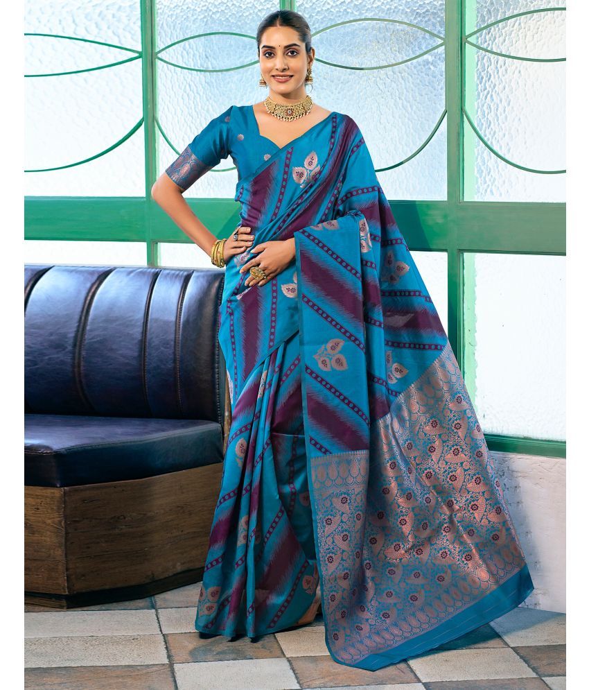     			Satrani Silk Blend Woven Saree With Blouse Piece - Blue ( Pack of 1 )