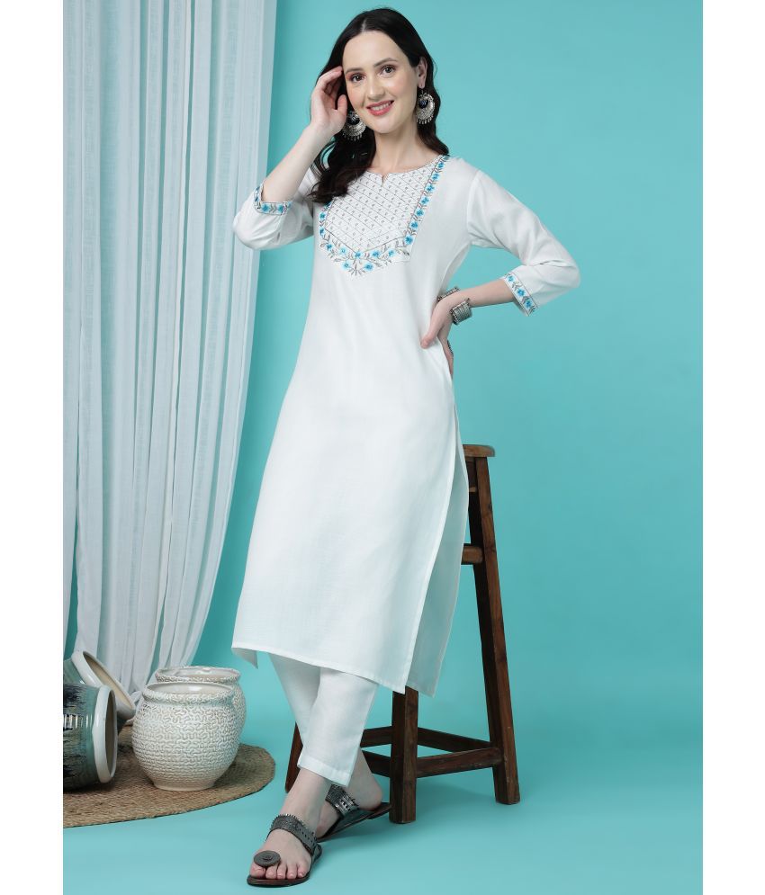     			TRAHIMAM Cotton Blend Embroidered Kurti With Pants Women's Stitched Salwar Suit - White ( Pack of 1 )
