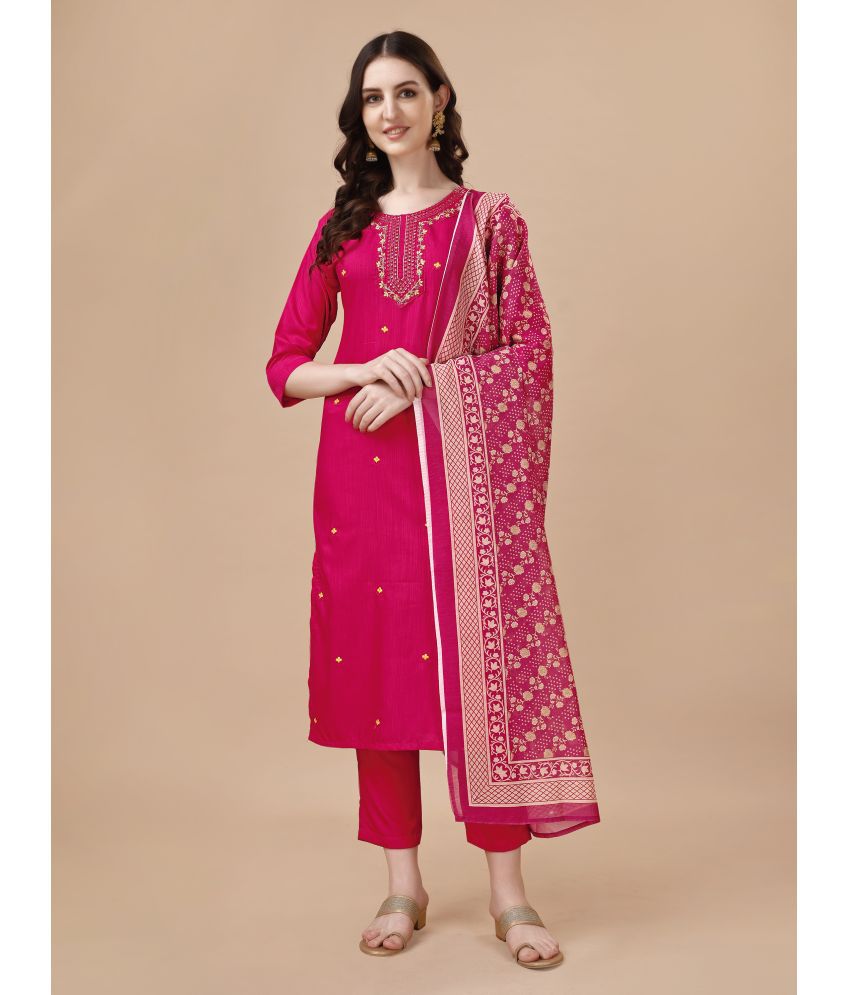     			TRAHIMAM Rayon Embroidered Kurti With Pants Women's Stitched Salwar Suit - Pink ( Pack of 1 )
