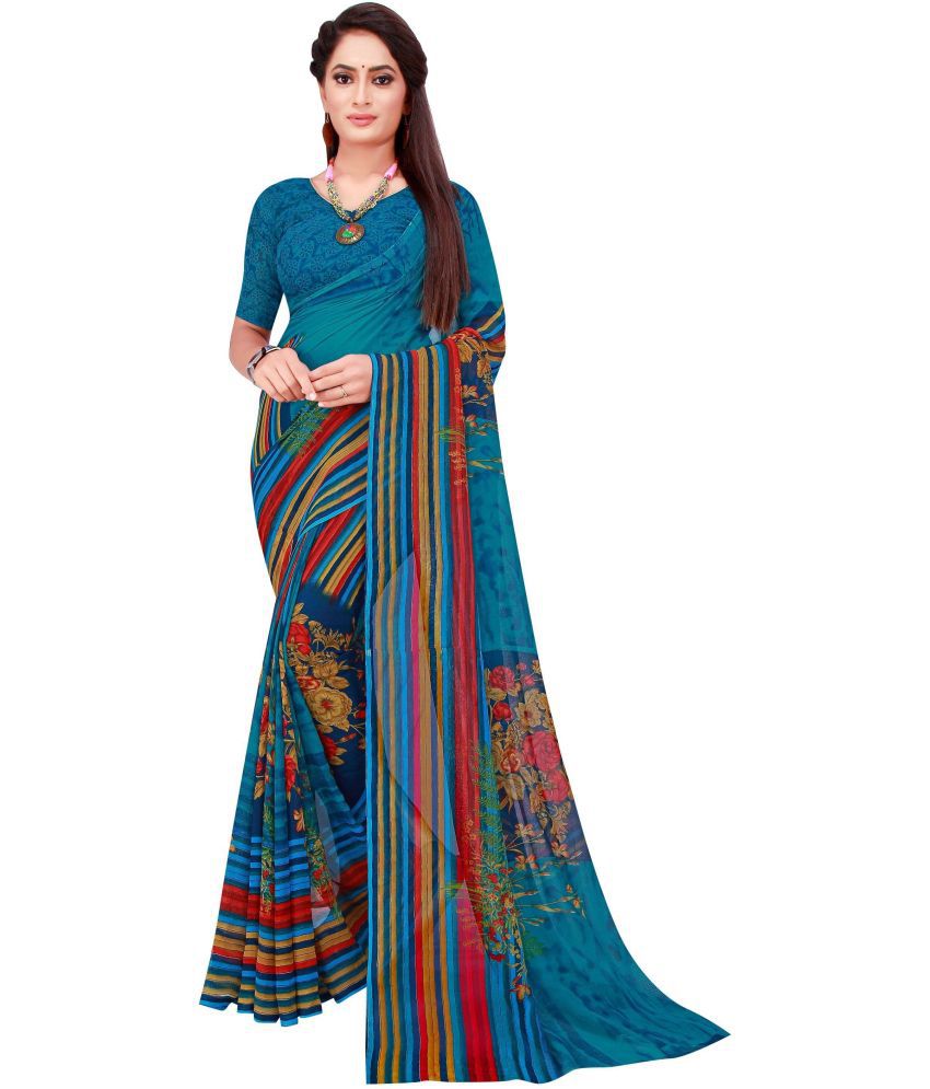     			Vkaran Cotton Silk Applique Saree Without Blouse Piece - Blue ( Pack of 2 )