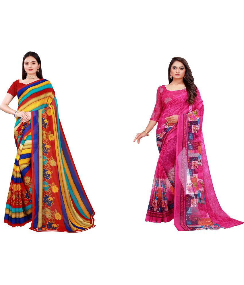     			Vkaran Cotton Silk Printed Saree With Blouse Piece - Multicolor ( Pack of 2 )