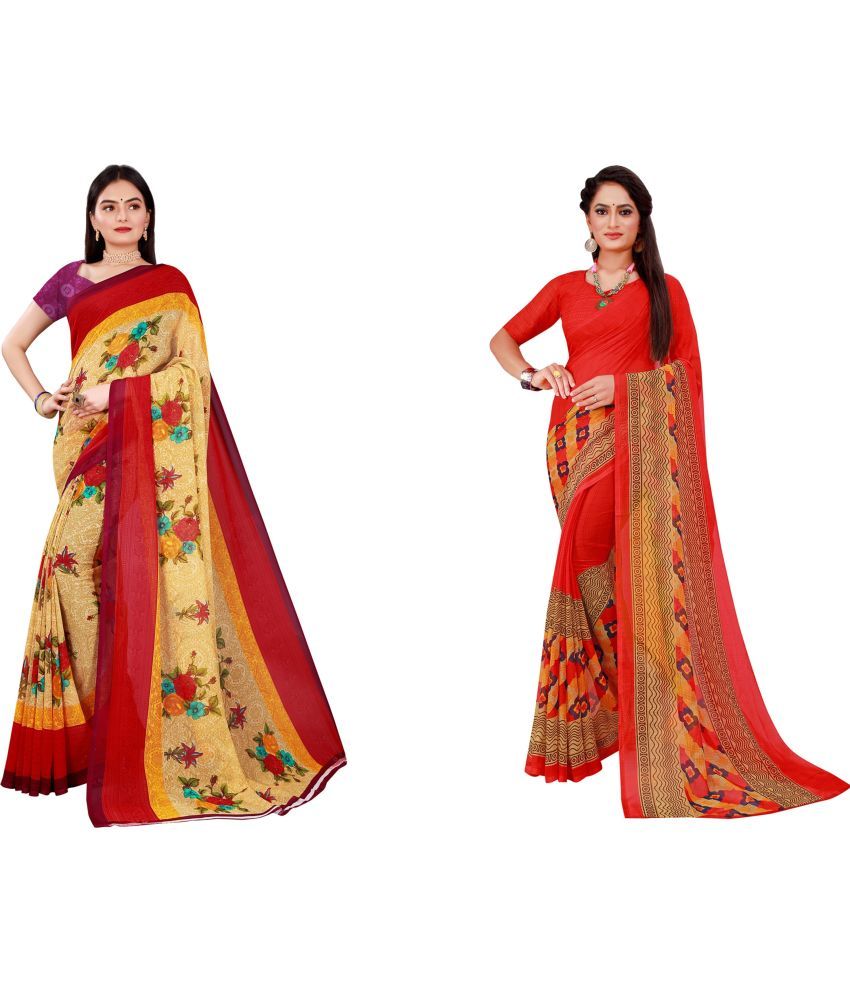     			Vkaran Cotton Silk Printed Saree With Blouse Piece - Multicolor ( Pack of 2 )