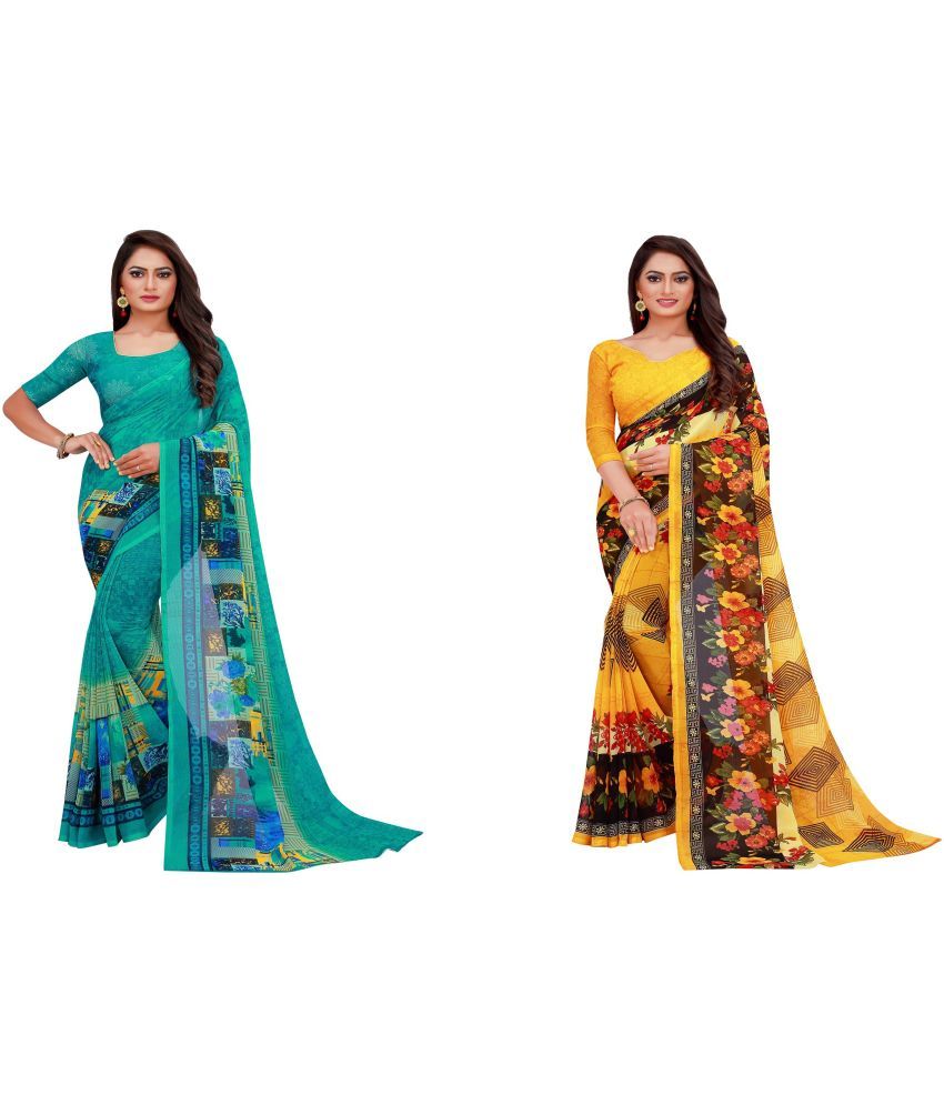     			Vkaran Cotton Silk Printed Saree With Blouse Piece - Multicolor ( Pack of 2 )