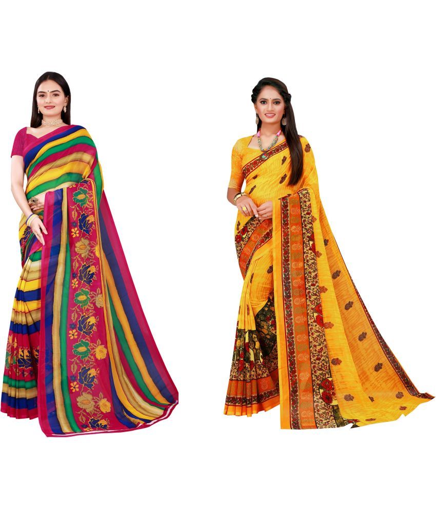     			Vkaran Cotton Silk Printed Saree With Blouse Piece - Multicolor ( Pack of 2 )