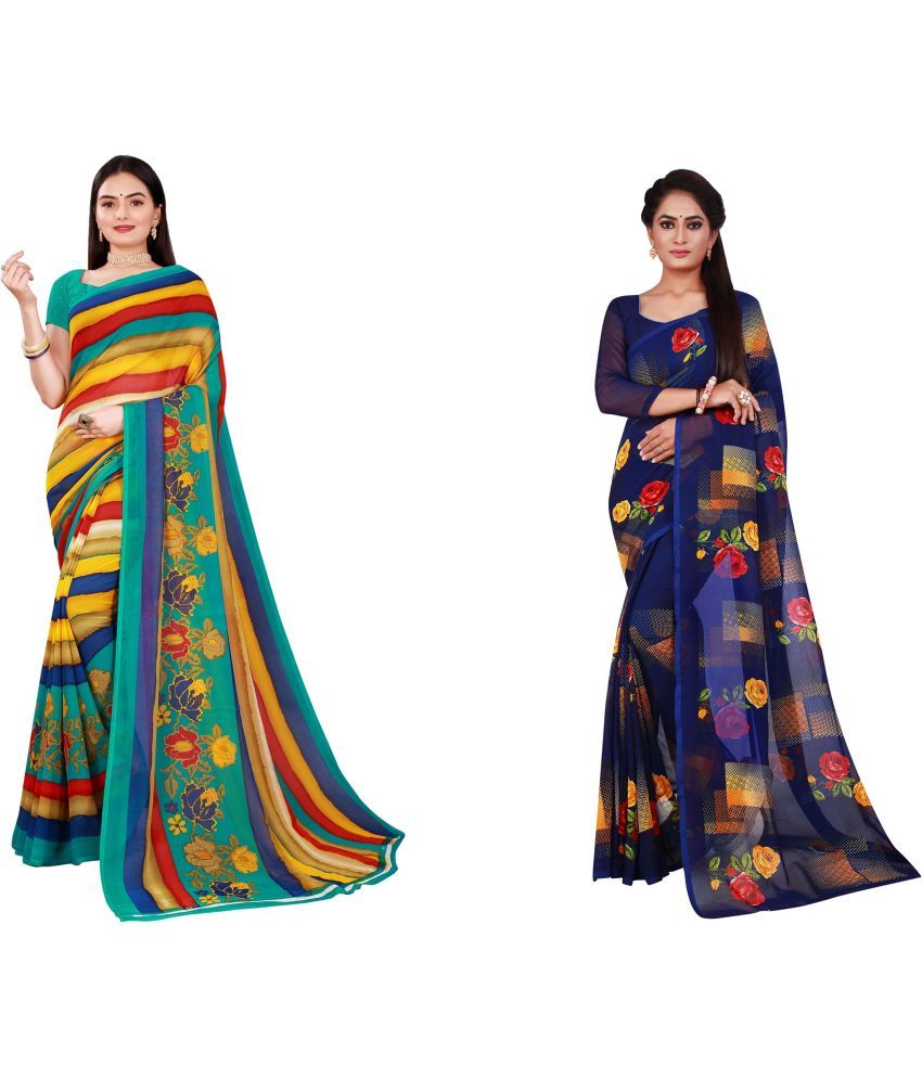     			Vkaran Cotton Silk Printed Saree With Blouse Piece - Multicolor ( Pack of 2 )