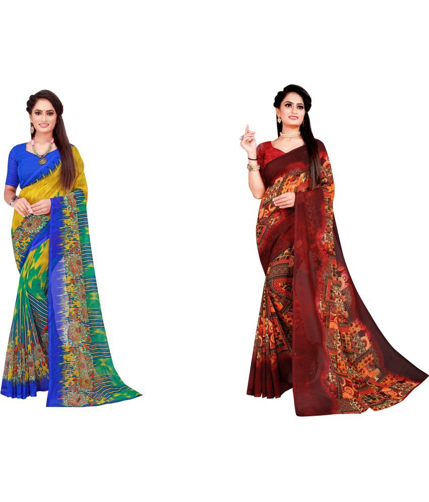     			Vkaran Cotton Silk Printed Saree With Blouse Piece - Multicolor ( Pack of 2 )