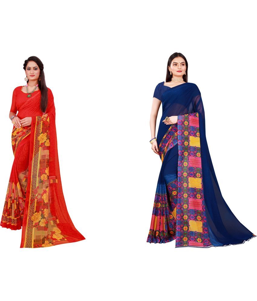     			Vkaran Cotton Silk Printed Saree With Blouse Piece - Multicolor ( Pack of 2 )