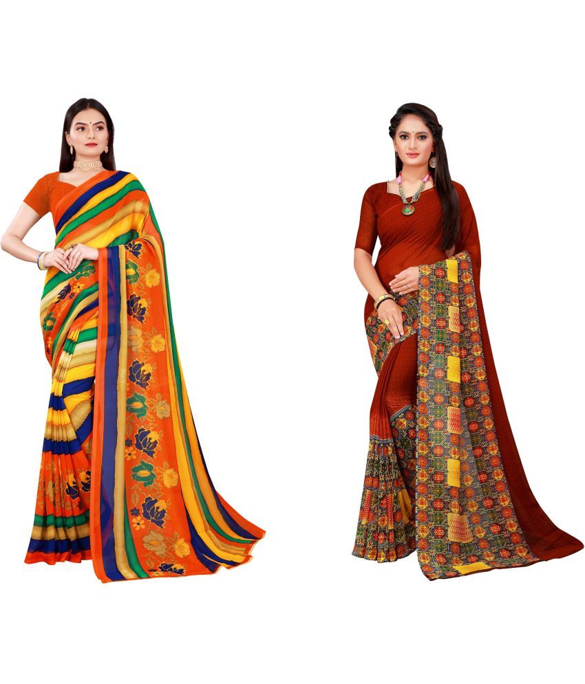     			Vkaran Cotton Silk Printed Saree With Blouse Piece - Multicolor ( Pack of 2 )