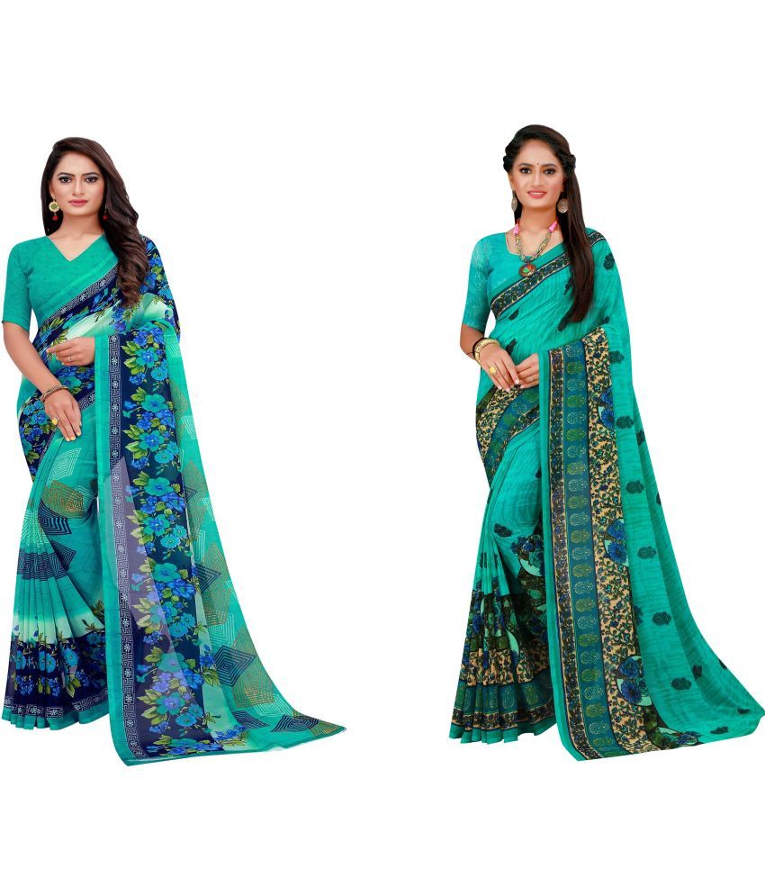     			Vkaran Cotton Silk Printed Saree With Blouse Piece - Multicolor ( Pack of 2 )