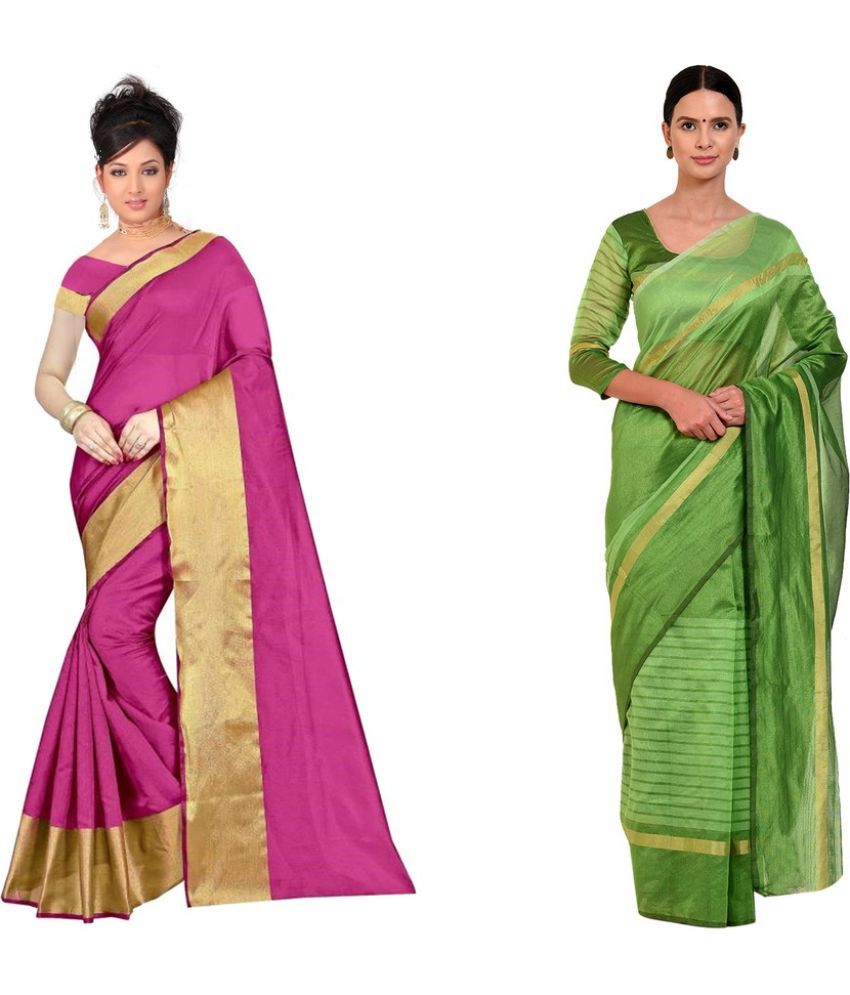     			Vkaran Cotton Silk Printed Saree With Blouse Piece - Multicolor ( Pack of 2 )