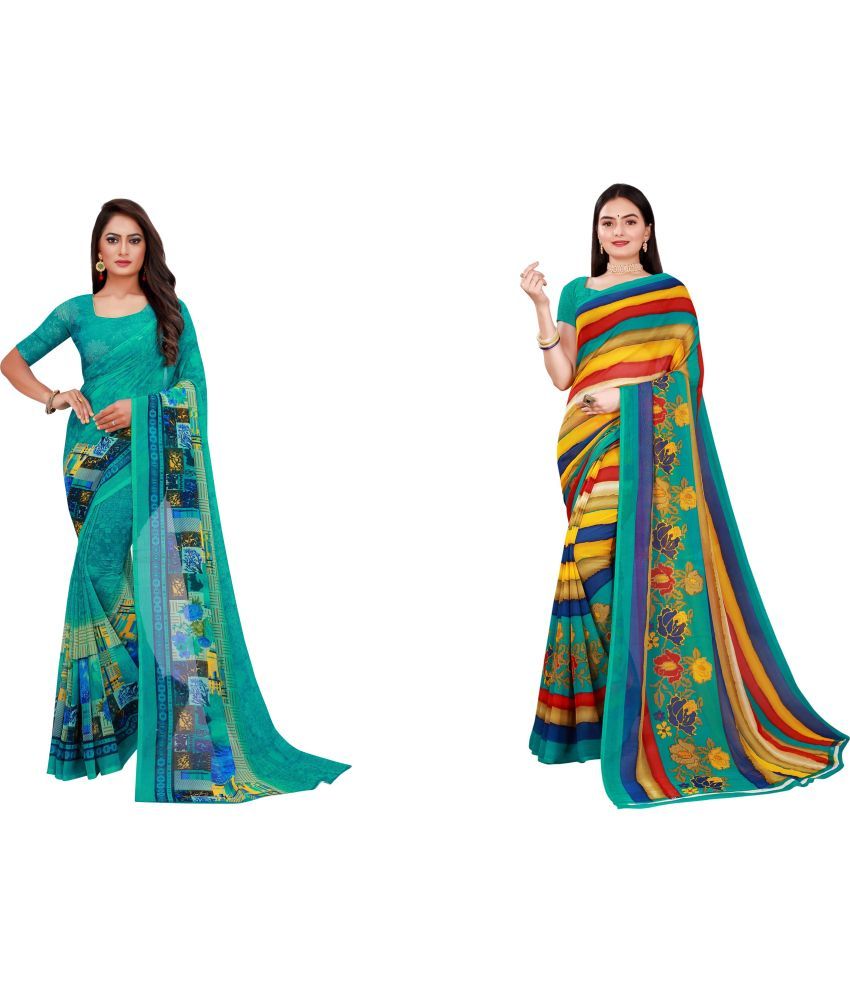     			Vkaran Cotton Silk Printed Saree With Blouse Piece - Multicolor ( Pack of 2 )