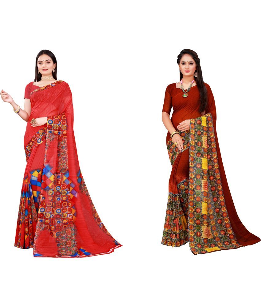     			Vkaran Cotton Silk Printed Saree With Blouse Piece - Multicolor ( Pack of 2 )