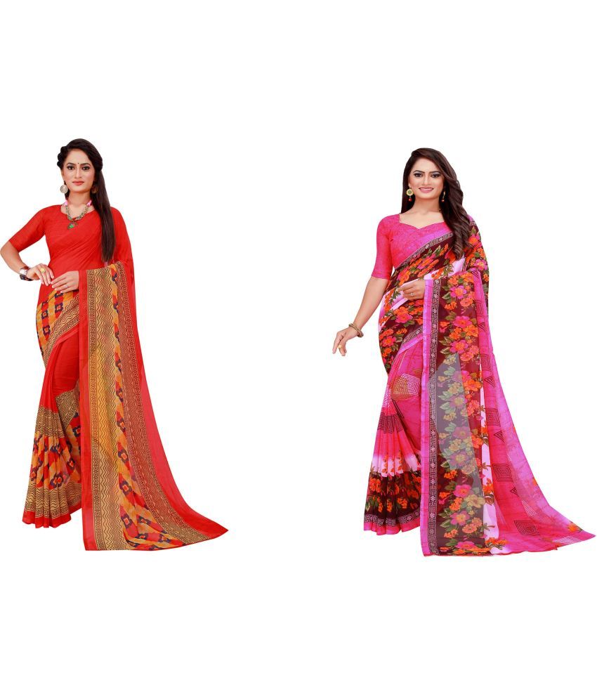     			Vkaran Cotton Silk Printed Saree With Blouse Piece - Multicolor ( Pack of 2 )