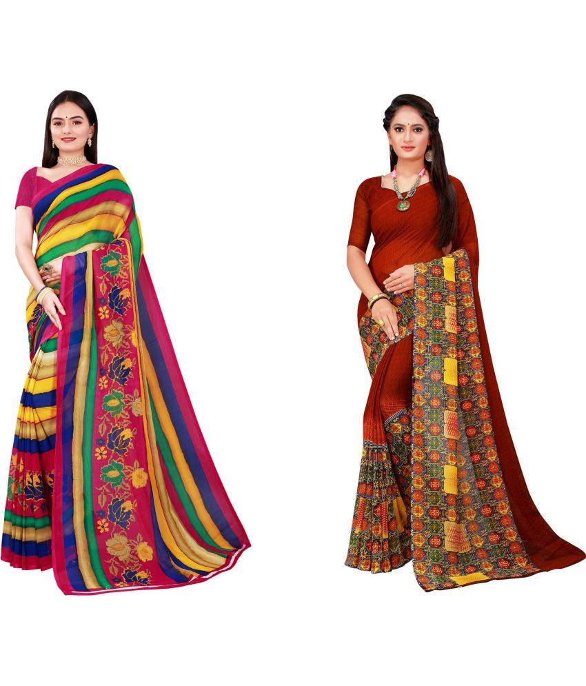     			Vkaran Cotton Silk Printed Saree With Blouse Piece - Multicolor ( Pack of 2 )