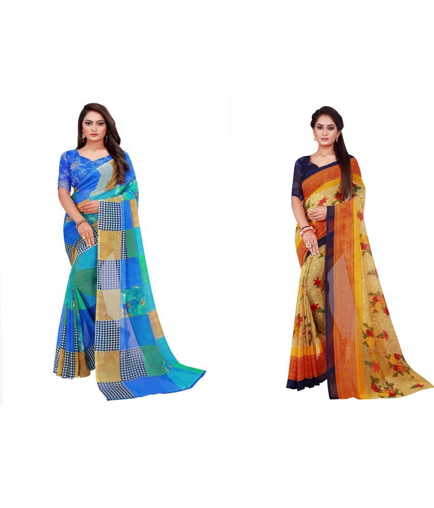     			Vkaran Cotton Silk Printed Saree With Blouse Piece - Multicolor ( Pack of 2 )