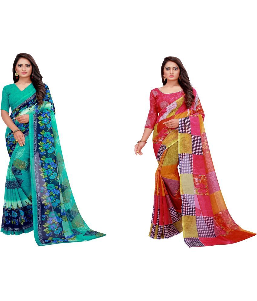     			Vkaran Cotton Silk Printed Saree With Blouse Piece - Multicolor ( Pack of 2 )