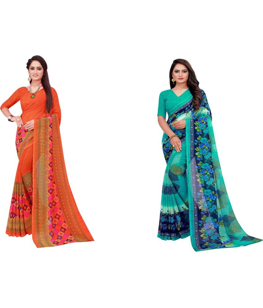     			Vkaran Cotton Silk Printed Saree With Blouse Piece - Multicolor ( Pack of 2 )