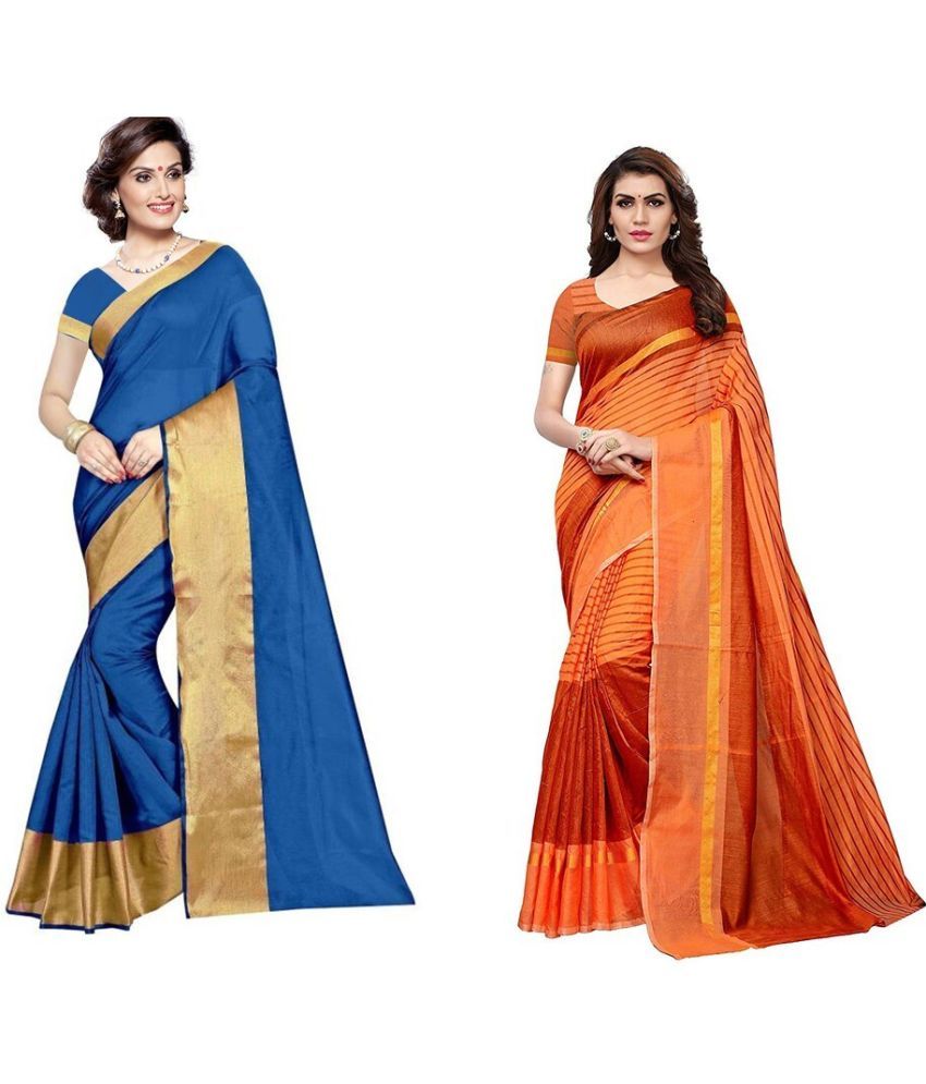     			Vkaran Cotton Silk Printed Saree With Blouse Piece - Multicolor ( Pack of 2 )