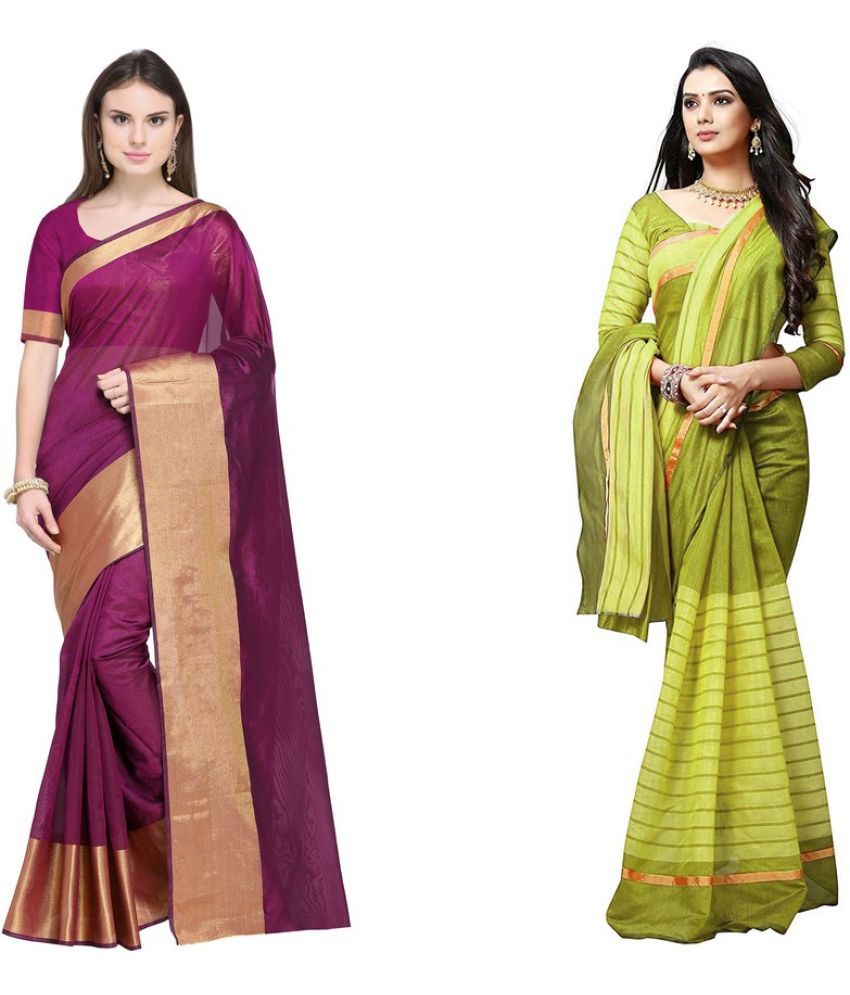     			Vkaran Cotton Silk Printed Saree With Blouse Piece - Multicolor ( Pack of 2 )