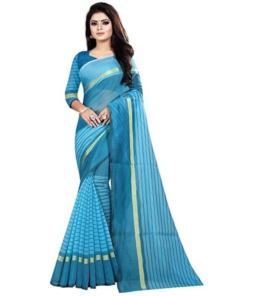     			Vkaran Net Cut Outs Saree With Blouse Piece - Blue ( Pack of 1 )