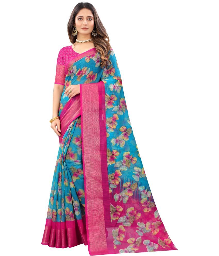     			Vkaran Net Cut Outs Saree With Blouse Piece - LightBLue ( Pack of 1 )