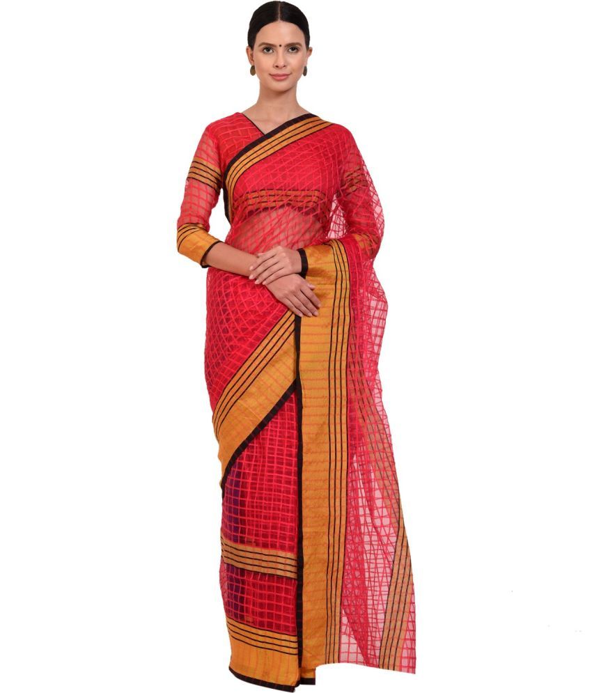     			Vkaran Net Cut Outs Saree With Blouse Piece - Pink ( Pack of 1 )