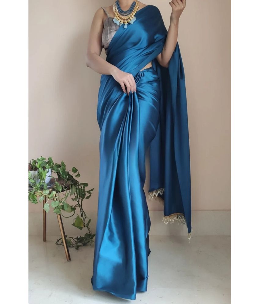     			A TO Z CART Satin Solid Saree With Blouse Piece - Teal ( Pack of 1 )