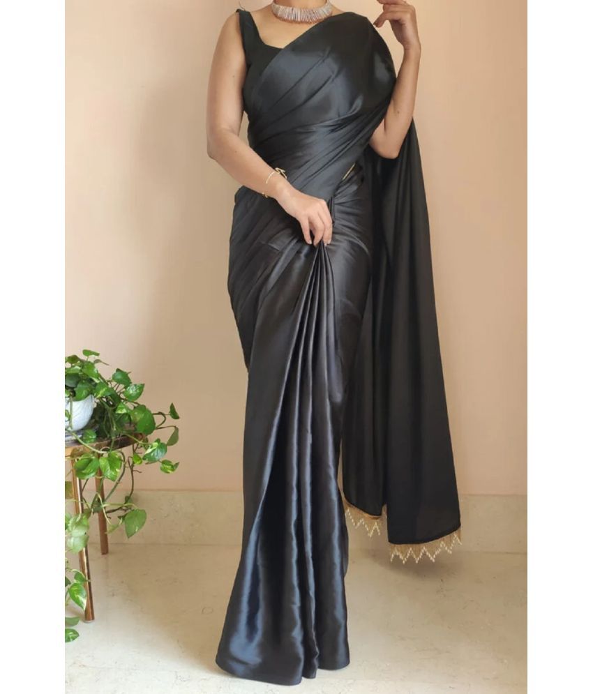     			A TO Z CART Satin Solid Saree With Blouse Piece - Black ( Pack of 1 )