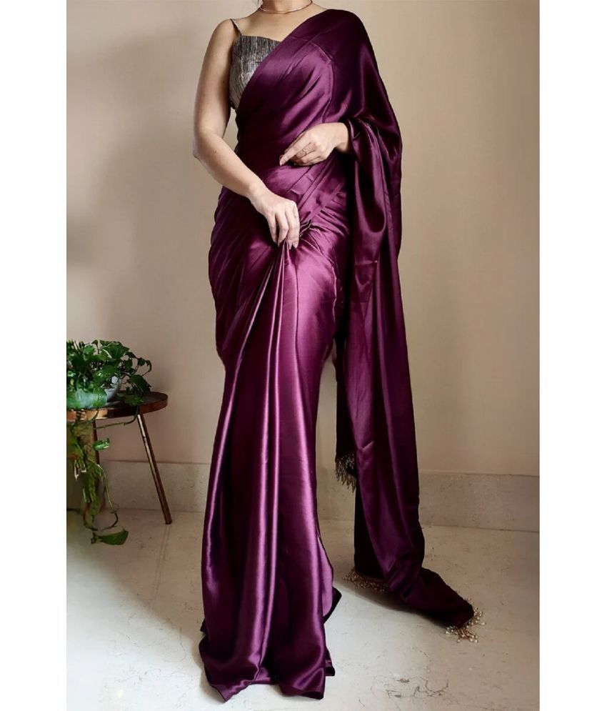     			Aika Satin Solid Saree With Blouse Piece - Purple ( Pack of 1 )