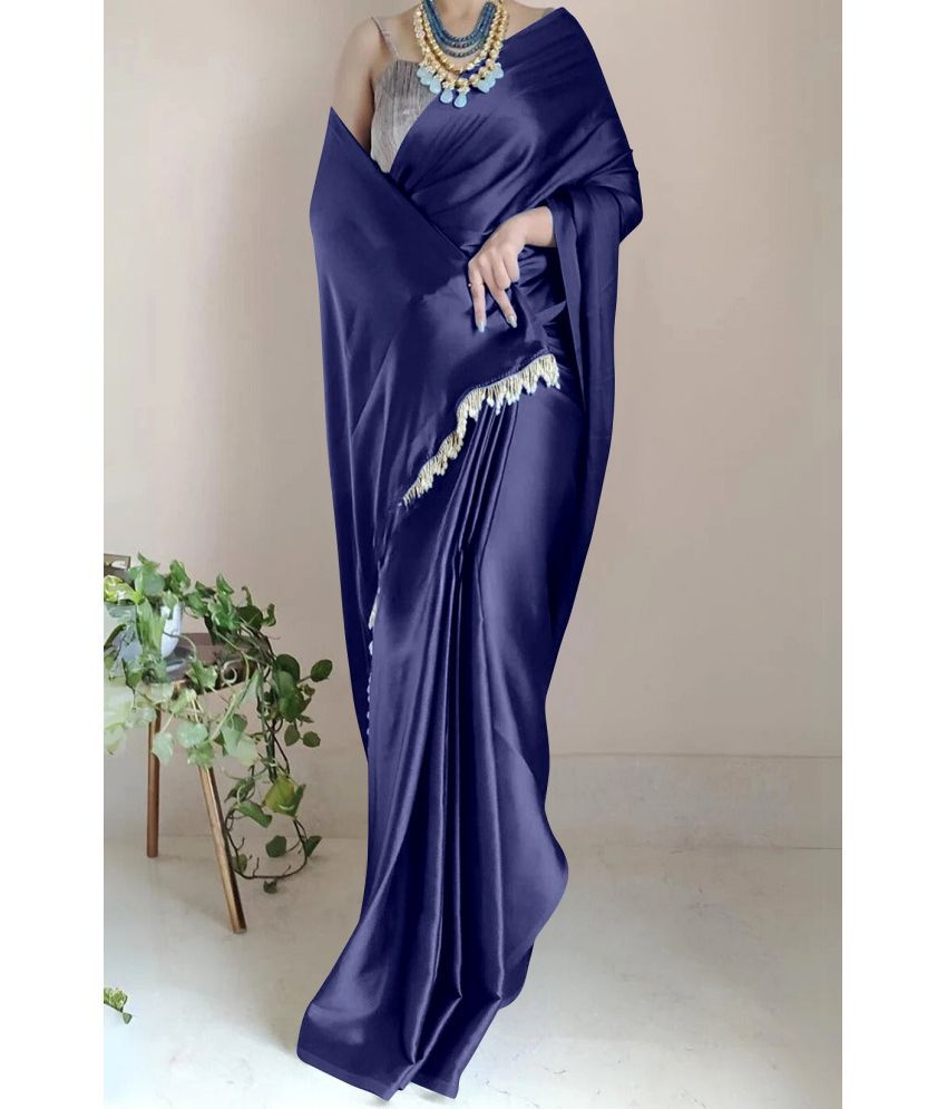     			Apnisha Satin Solid Saree With Blouse Piece - Navy Blue ( Pack of 1 )