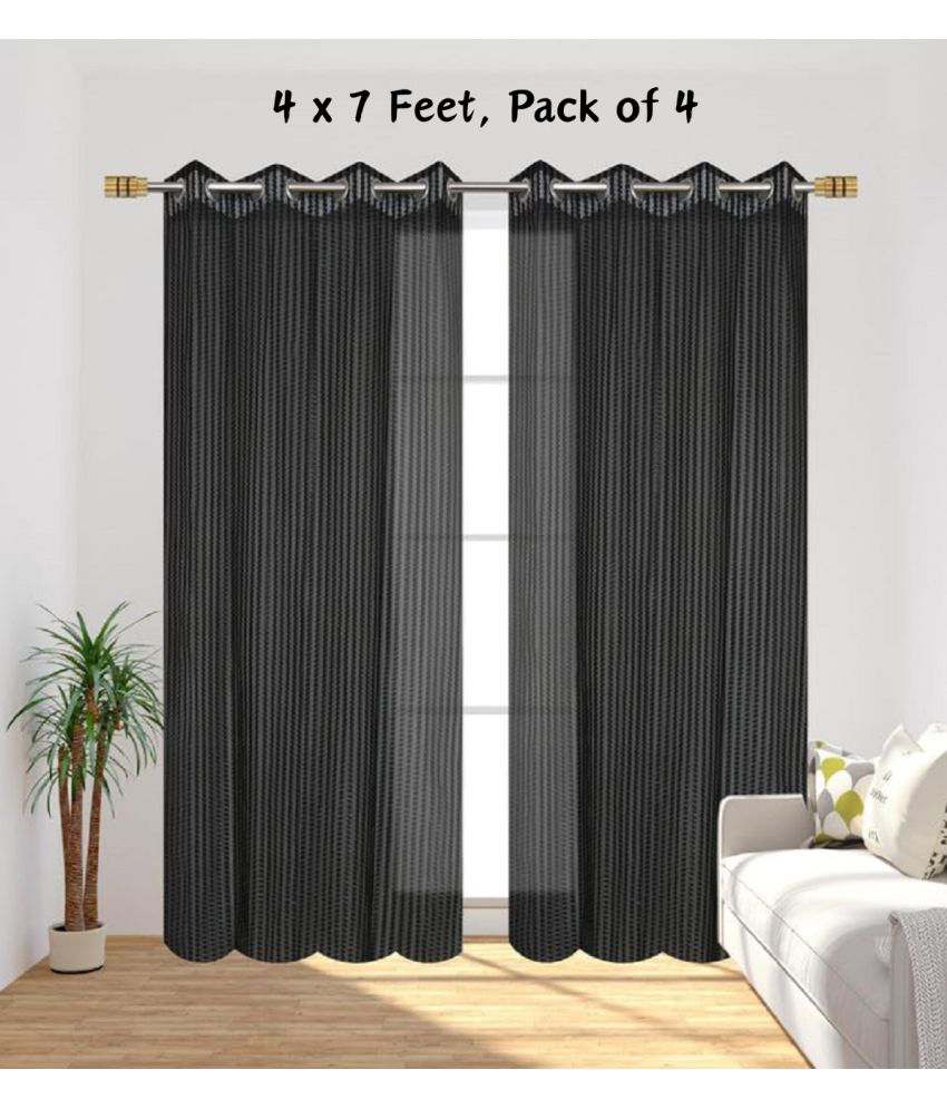     			SWIZIER Vertical Striped Semi-Transparent Eyelet Curtain 7 ft ( Pack of 4 ) - Black
