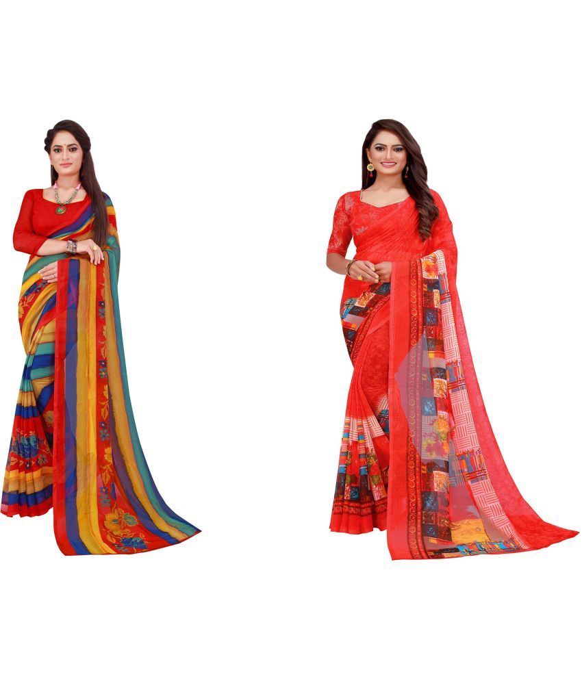     			Saadhvi Cotton Silk Printed Saree With Blouse Piece - Multicolor ( Pack of 2 )