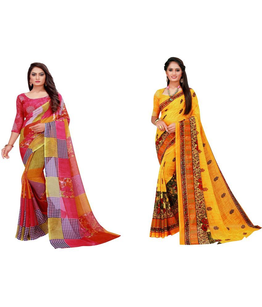     			Saadhvi Cotton Silk Printed Saree With Blouse Piece - Multicolor ( Pack of 2 )