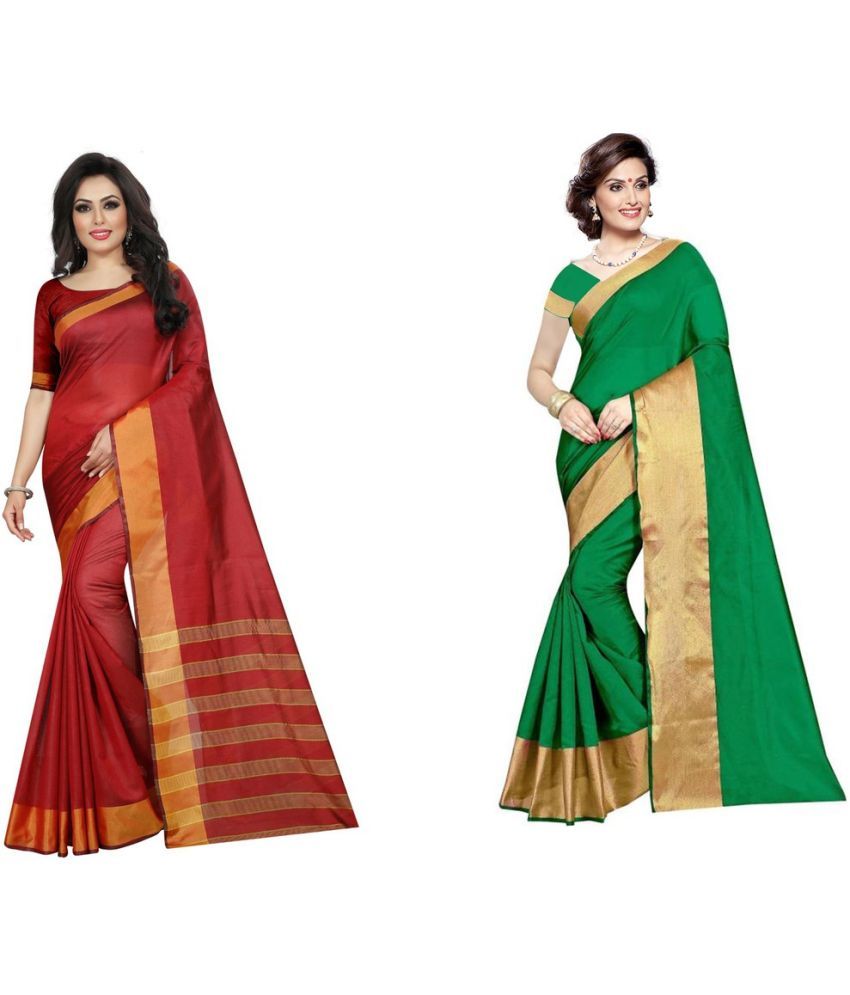     			Saadhvi Cotton Silk Printed Saree With Blouse Piece - Multicolor ( Pack of 2 )