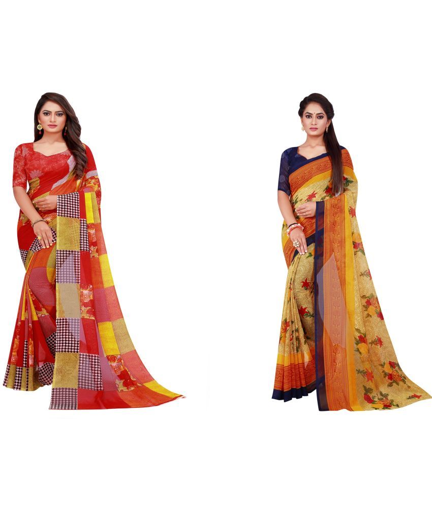     			Saadhvi Cotton Silk Printed Saree With Blouse Piece - Multicolor ( Pack of 2 )