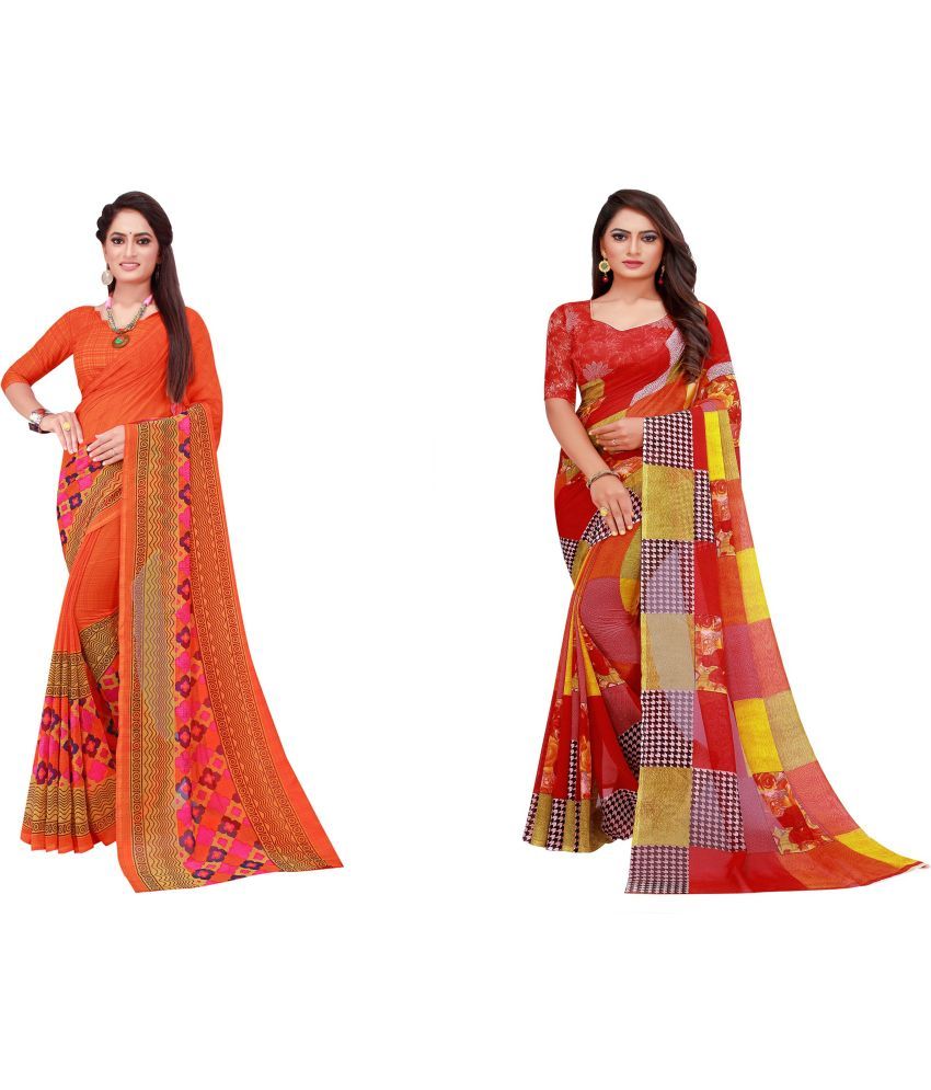     			Saadhvi Cotton Silk Printed Saree With Blouse Piece - Multicolor ( Pack of 2 )