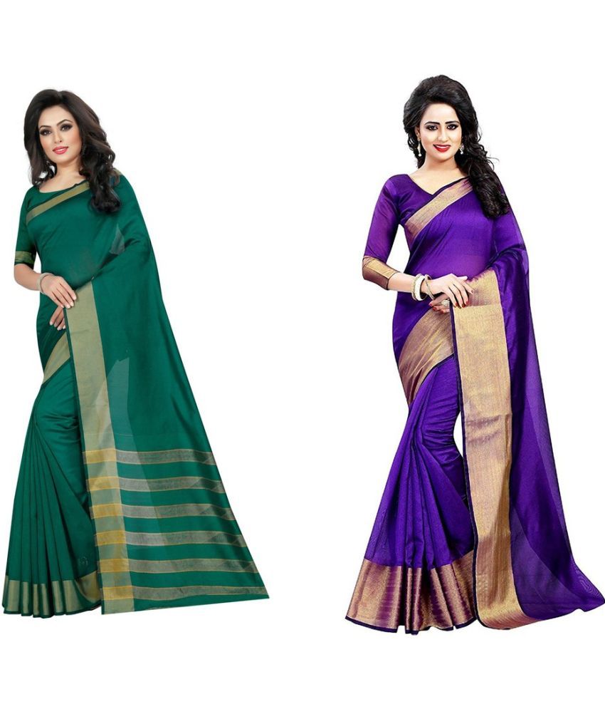     			Saadhvi Cotton Silk Printed Saree With Blouse Piece - Multicolor ( Pack of 2 )