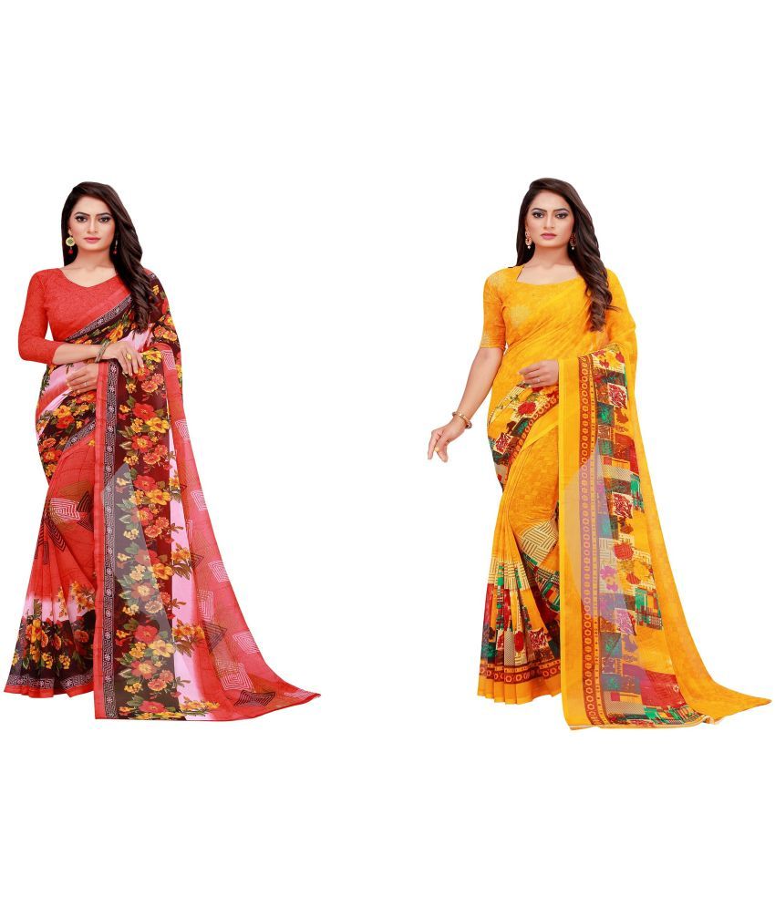     			Saadhvi Cotton Silk Printed Saree With Blouse Piece - Multicolor ( Pack of 2 )