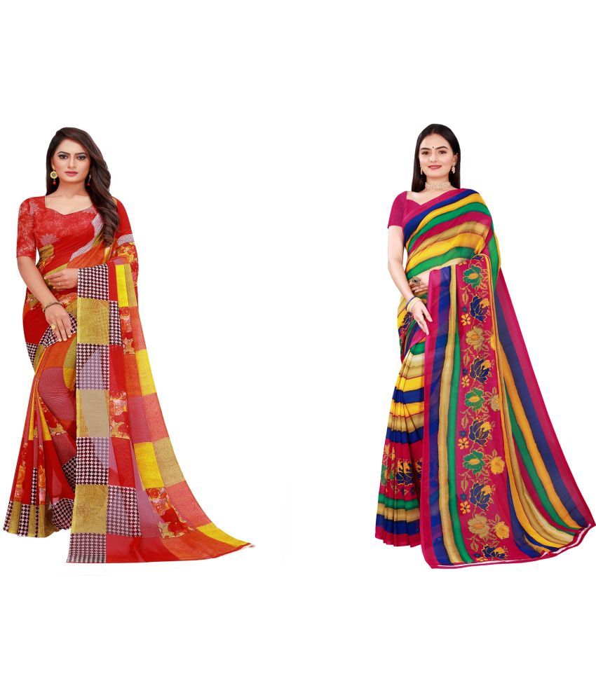     			Saadhvi Cotton Silk Printed Saree With Blouse Piece - Multicolor ( Pack of 2 )