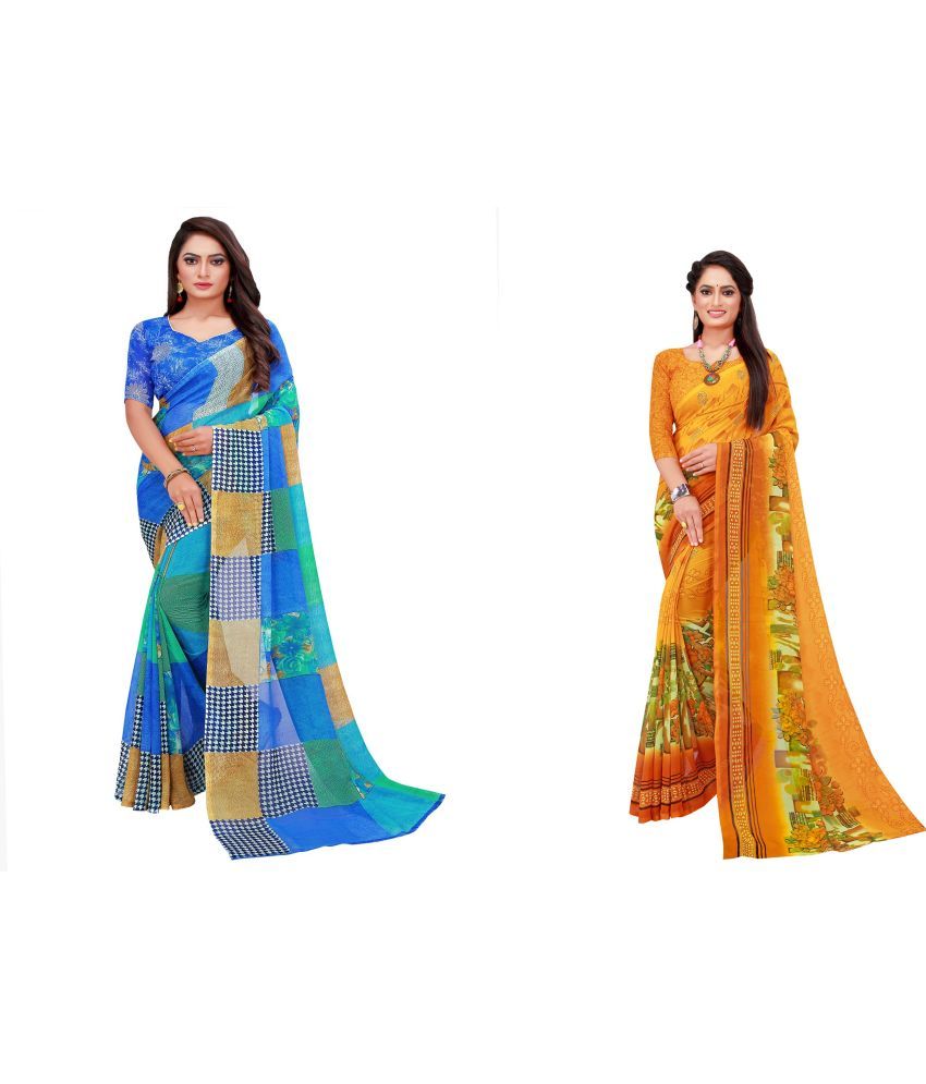     			Saadhvi Cotton Silk Printed Saree With Blouse Piece - Multicolor ( Pack of 2 )